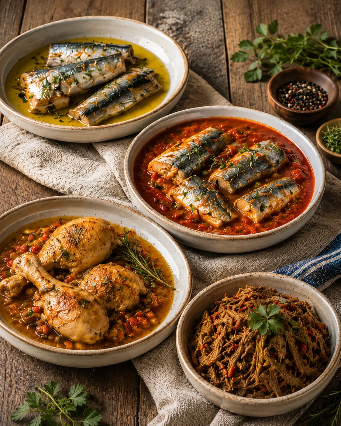 Platos preparados con sardinas, pollo y carne mechada