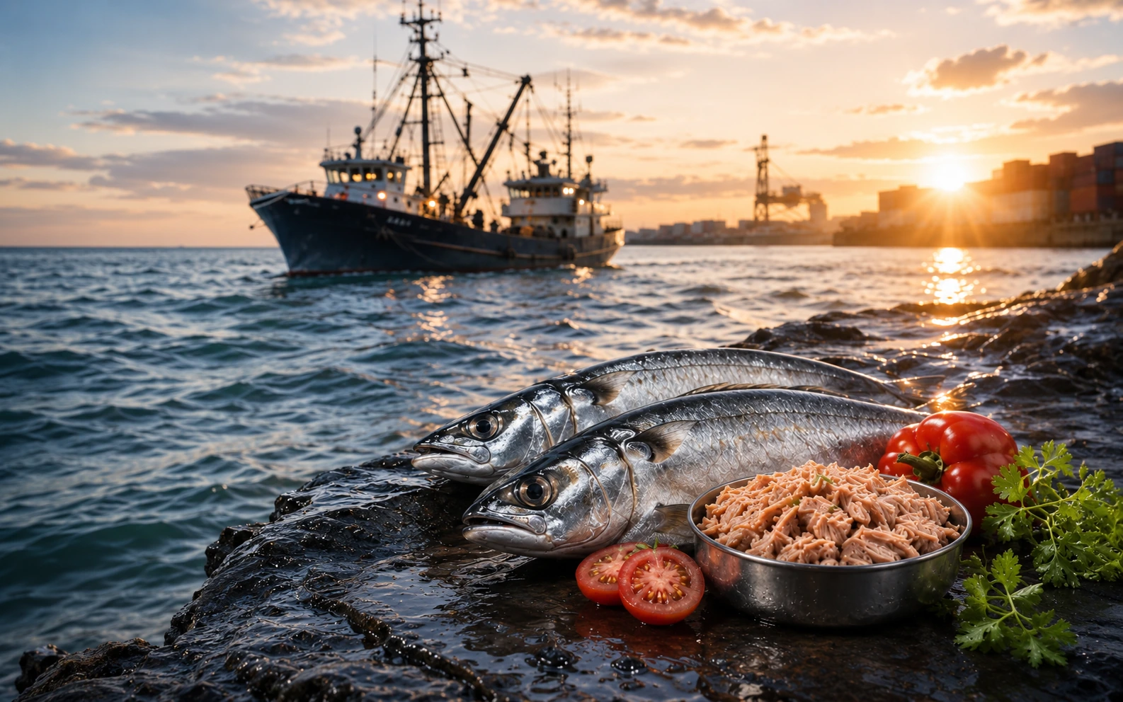 Barco pesquero, sardinas frescas y costa al atardecer